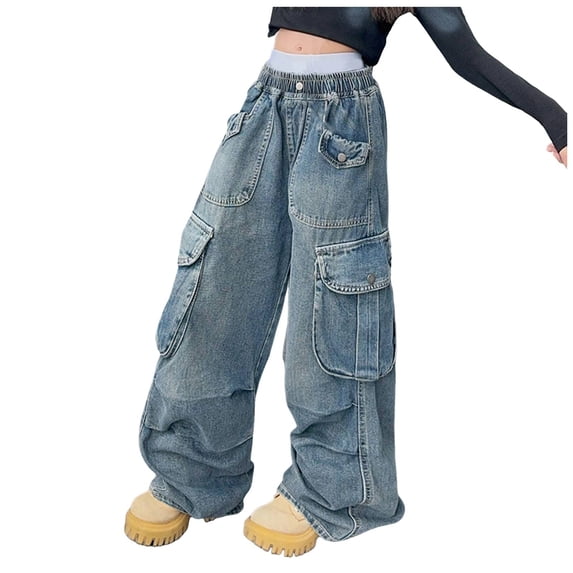THSXS Kids Jeans Girls Teen Clothes For Girls Jeans For Girls Baggy Wide Leg Cute High Elastic Waisted Denim Pants Y2K Boyfriend Skater Streetwear