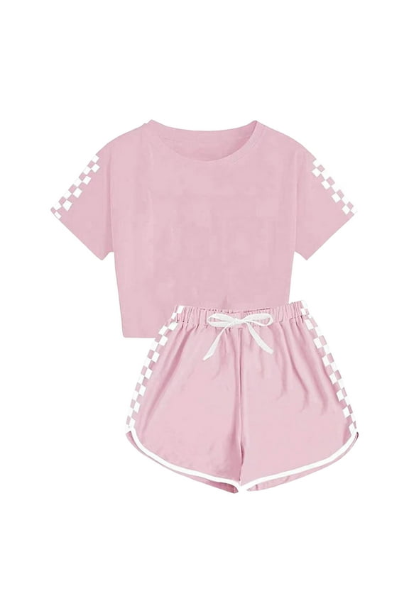 Summer Outfits For Teens Girls Summer Outfits Size 10-12 Kids Summer Sport T-Shirt And Shorts Set Plaid Print Clothing Sets Tracksuit