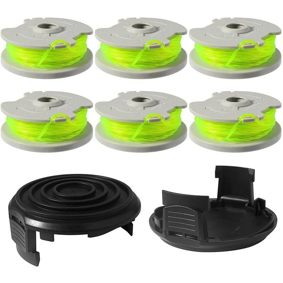 THTEN WA0014 Trimmer Replacement Spools for Worx WG168 WG184 WG190 WG191 Weed Eater String Edger Spool Line Refills Parts Auto-Feed 20ft 0.080" with WA0037 Cap Covers (6 spools,2 Cap)