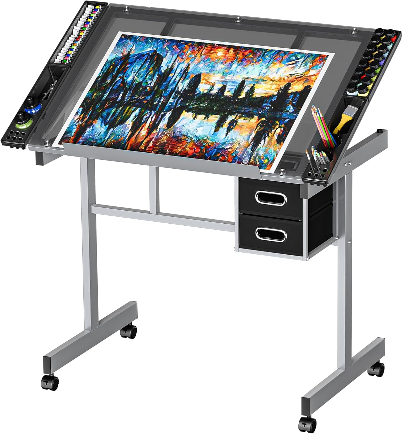 THTGCD Drafting Table on Wheels with Storage Drawers, Adjustable Glass ...