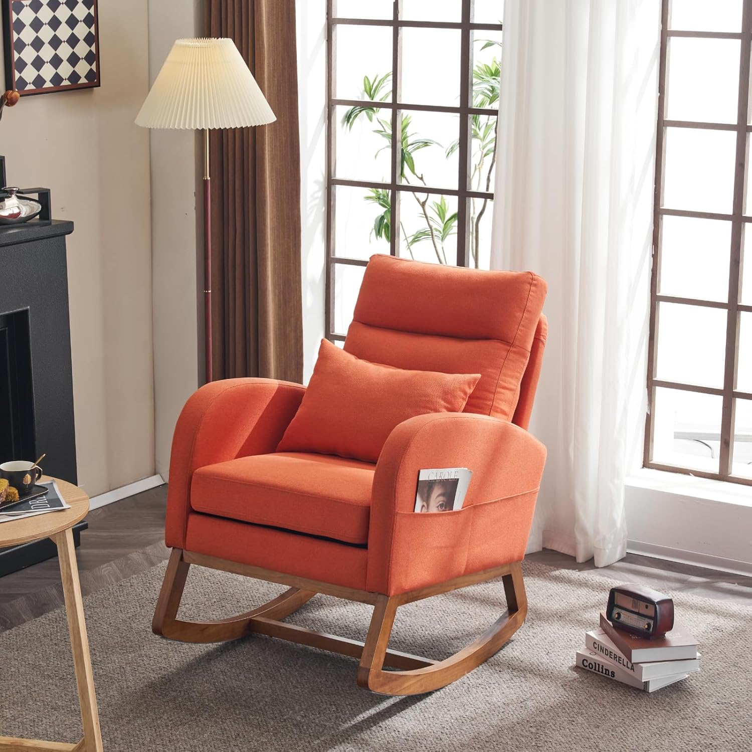 Sturdy Rocking Chair THTGCD Orange Linen Rocking Chair Nursery with Thick Headrest ...