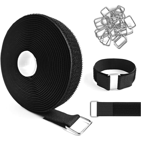 THTGDW-1" x16ft Hook and Loop Straps with Metal Buckles, Molle Cable Straps, Adjustable Fastening Cinch Strap, Reusable Nylon Securing Cord Ties, 1 inch Wide, Black with 25 Buckles