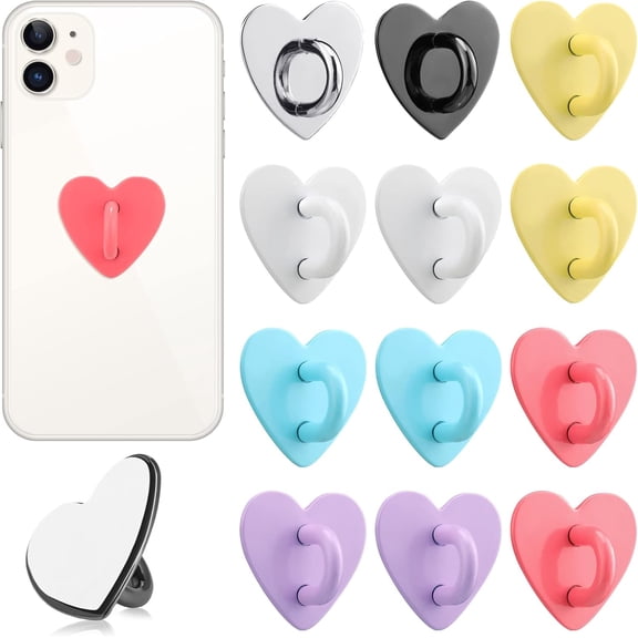 THTGDW-12 Pcs Cell Phone Heart Phone Charm Hook Metal Finger Ring Holder Adhesive Candy Color Heart Cellphone Charm Hook Grip Loop Stand Accessories for DIY Case Pad Tablet Supplies