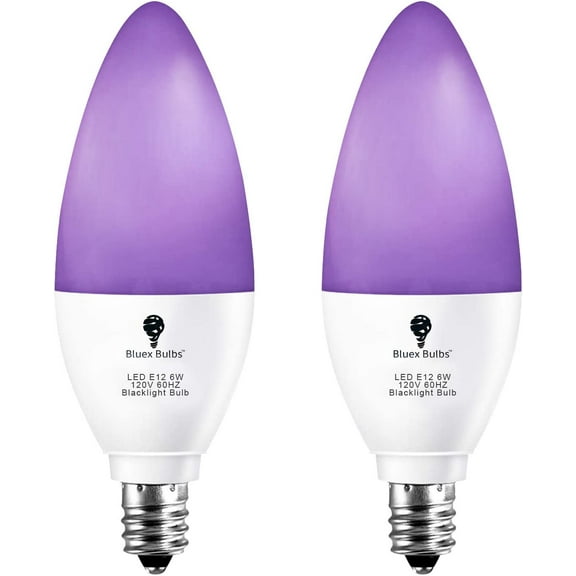 THTGDW-2 Pack LED Black Light Bulb, 6W E12 Candle Blacklight Bulb Level 385-400nm, Body Paint, Glow in The Dark Party E12 LED Light Bulb Neon Glow Fluorescent Poster Candelabra Bulbs