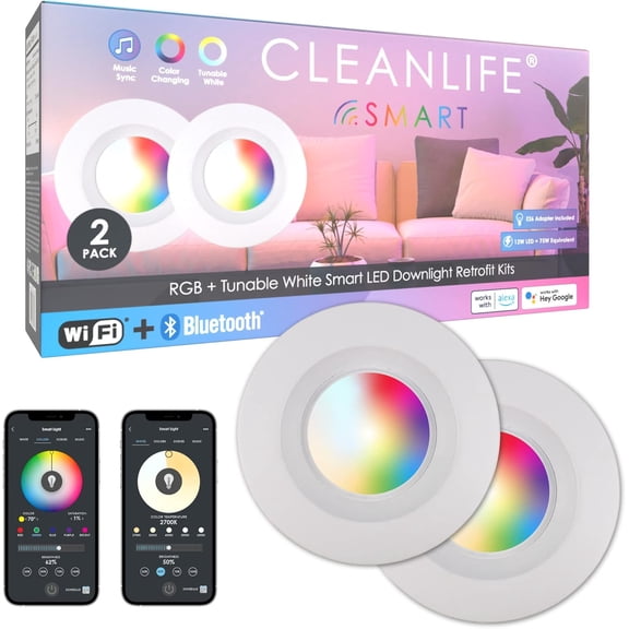 THTGDW-2-Pack Smart LED Recessed Lighting Retrofit Downlight RGB + Tunable White Color Changing Bluetooth + WiFi Dimmable LED Can Lights Fits 5 and 6 inch - 12W, 65W Equivalent, App Enabled