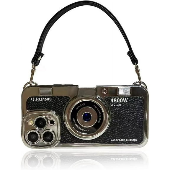 THTGDW-3D Vintage Camera Phone Case with Hand Strap - Unique Cool Silicone PC Shockproof Crossbody Protective Case for iPhone 12-Black