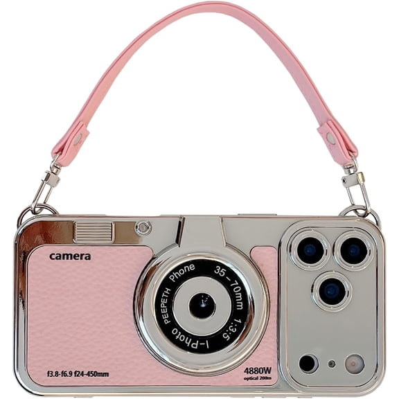 THTGDW-3D Vintage Camera Phone Case with Hand Strap - Unique Cool Silicone PC Shockproof Crossbody Protective Case for iPhone 17 Air-Pink