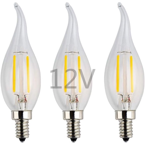 THTGDW-AC/DC 12V Low Voltage LED Candelabra Bulb, 2W 200Lm, Dimmable with DC Dimmer, Warm White Light, E12 Base, Clear Glass Flame Tip, 25W Incandescent Replacement, for 12 Volts Power, 3 Pack