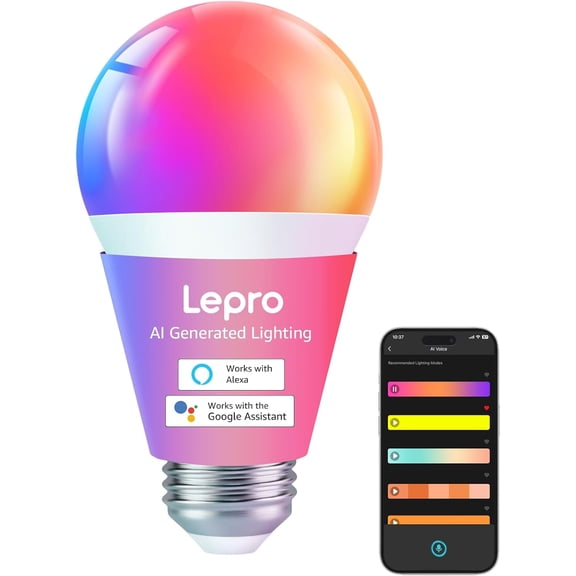 THTGDW-B1 AI Smart Light Bulbs - RGBWW Color Changing LED Bulb Works with Alexa & Google Assistant, AI Voice Control, Music Sync, A19 E26 Base, 8.5W 800Lumen, 2.4GHz WiFi & Bluetooth, 1 PackNO Remot