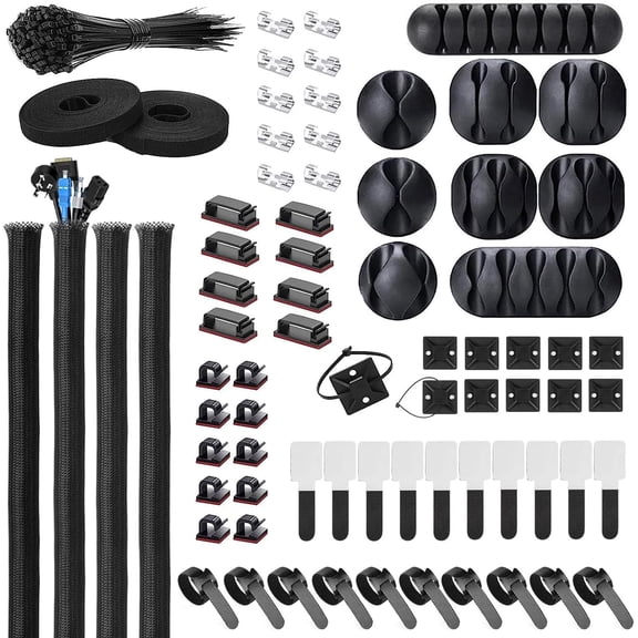 THTGDW-Cable Management Kit - 4 Cable Sleeve, 28 Self Adhesive Cable Clips, 29 Cord Holders, 10+2 Roll Cable Organizer Straps and 100 Fastening Cable Ties for TV Computer Under Desk (Black)