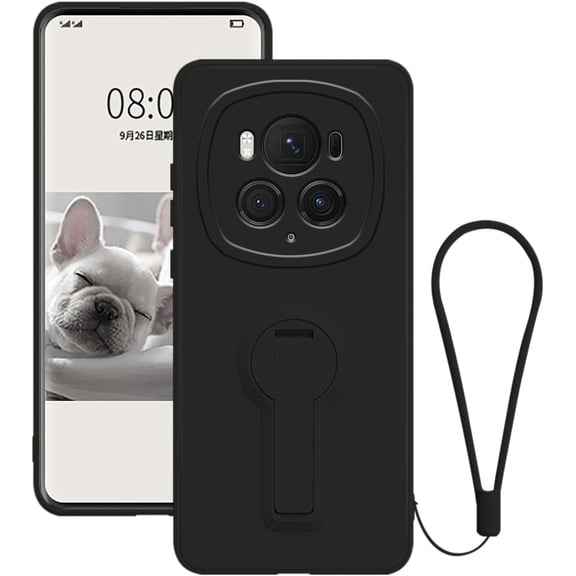 THTGDW-Compatible with Honor Magic 6 Pro Case with Kickstand Black, for Honor Magic 6 Pro Phone Cases Silicone Lanyard Strap Accessories Funda Shockproof Protective Original Slim Cover (Black)