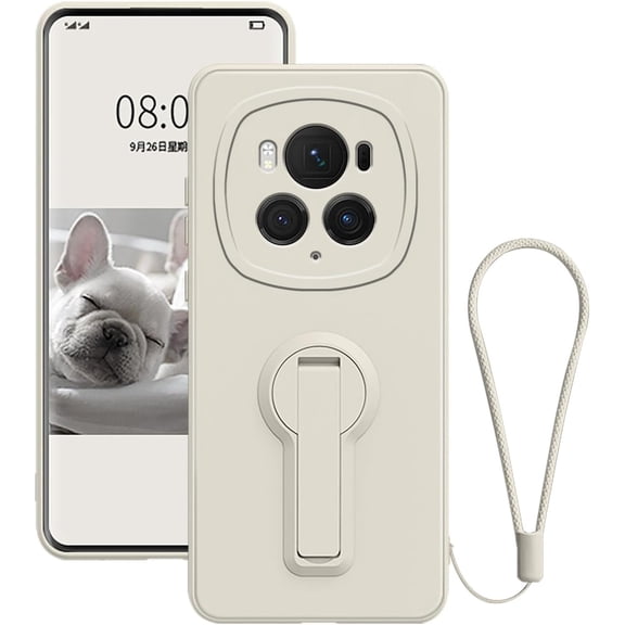 THTGDW-Compatible with Honor Magic 6 Pro Case with Kickstand Black, for Honor Magic 6 Pro Phone Cases Silicone Lanyard Strap Accessories Funda Shockproof Protective Original Slim Cover (White)