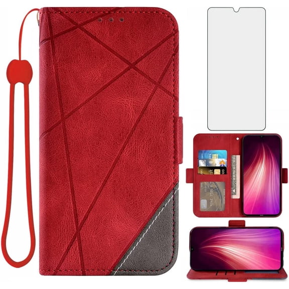 THTGDW-Compatible with Xiaomi Redmi Note 8 Wallet Case and Tempered Glass Screen Protector Lanyard Leather Flip Magnetic Card Holder Stand Cell Accessories Phone Cover for Redme Note8 Women Men Red