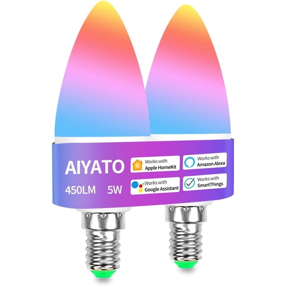 THTGDW-E12 Smart LED Light Bulb, Dimmable Candelabra Light Work with HomeKit, Alexa, Google Home 6W (60W Equiv.) RGBCW 16 Million Color Changing Chandelier Candle Bulb (White)