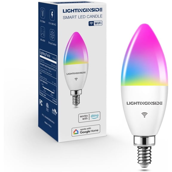 THTGDW-E12 Smart Light Bulbs 60W Equiv., Work with Alexa/Google Home/Smart Life, 500LM 6W RGBCW Candle Candelabra LED Light Bulbs, No Hub Required, 2.4G WiFi Bluetooth Bulb, ETL Listed, 1PC