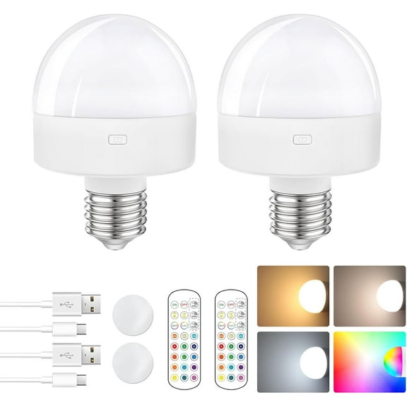 THTGDW-E26 Rechargeable Light Bulb with Remote,Battery Operated Backup Bulb for Sconces & Lamps,15 Colors Selectable,3 Timer,Dimmer,Wireless Puck Light Bulbs for Non-Hardwired,Detachable Charging,2 P