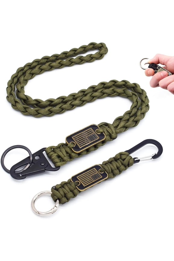 -Heavy Duty Braided Paracord Lanyard Keychain with USA Flag, Parachute Rope Necklace Keychains, Braided Strong Lanyard