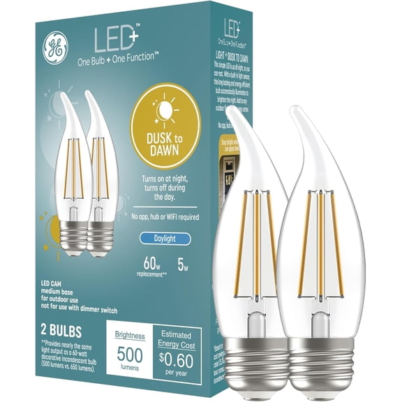 THTGDW-LED+ CA11 Dusk to Dawn LED Light Bulbs, Automatic On/Off Outdoor Security Lights, Daylight, E26 Medium Base (2 Pack)