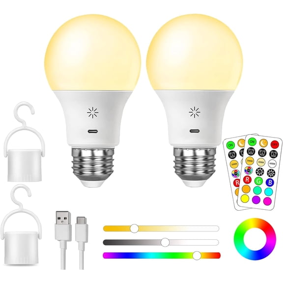 THTGDW-LED Rechargeable Light Bulbs With Remote  Touch Dimmable, E26 Battery Operated Light Bulb for Lamps, RGB 12 Colors, 2600mAh USB battery backup Light Bulb With Timer, A19 Small Light Bulbs 2 P