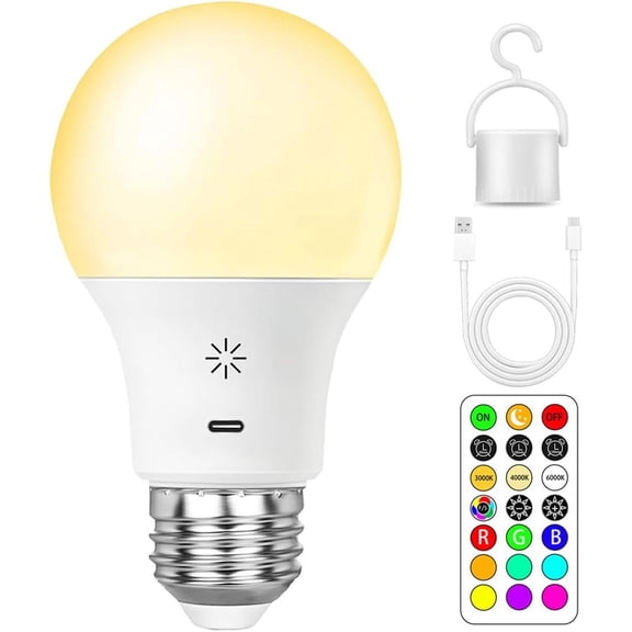 THTGDW-LED Rechargeable Light Bulbs With Remote  Touch Dimmable, E26 Battery Operated Light Bulb for Lamps, RGB 12 Colors, 2600mAh USB battery backup Light Bulb With Timer, A19 Small Light Bulbs 1 P