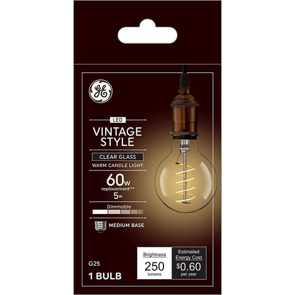 THTGDW-Lighting Vintage G25 Globe LED Light Bulb, 5-Watt, Clear Glass Finish, Dimmable, 60-Watt Replacement, 250 Lumen, E26 Medium Base, 1-Pack