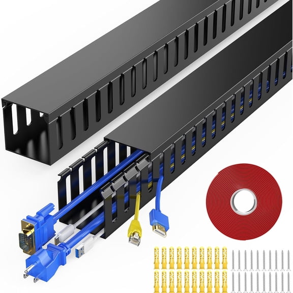 THTGDW-Open Slot Wiring Raceway Cable Duct, 30.8in Cable Management Channel Cord,Desk Wire Channel, Under Desk Cable Management to Hide Cables, Wires for Computers (Black, 1.97" Hx1.97 W, 15.4''L(2 P