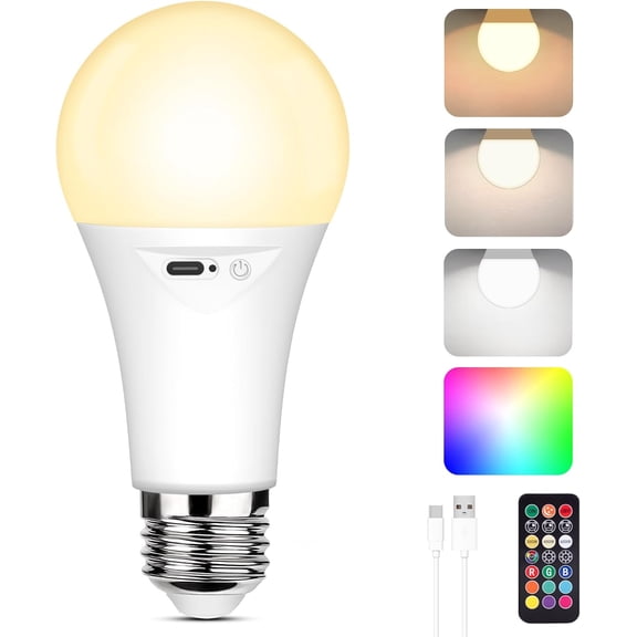 THTGDW-Rechargeable A19 Light Bulb, Battery Operated LED Bulb with 9 Colors Selectable & 3 Timer, Dimmable Light Bulb for Non-Hardwired Lamps with Remote Control