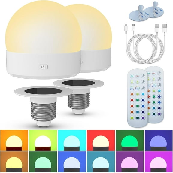THTGDW-Rechargeable Battery Night Light Bulb: 3000mAh LED Bulb with Remote Control for Lamp, Wireless E26 USB Puck Light 400LM with Timer, 3 Color Temperature+12 RGB Color, Magnetic Camping Outdoor ,