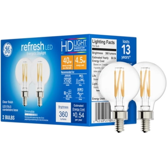 THTGDW-Refresh LED Light Bulbs, 40 Watt, Daylight, G16.5 Globe Bulbs, Small Base (2 Pack)