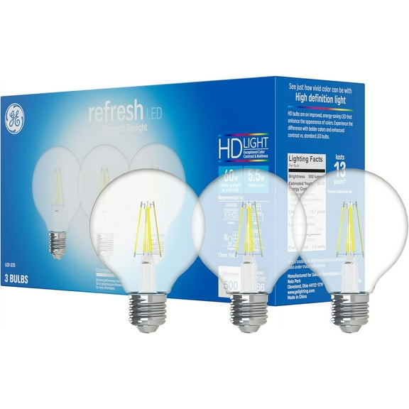 THTGDW-Refresh LED Light Bulbs, 60 Watt, Daylight, G25 Globe Bulbs, Clear, Medium Base 3 Count, (1 Pack)