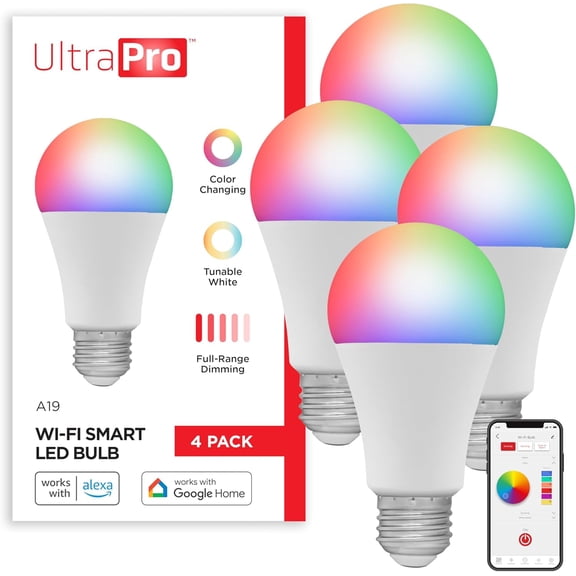 THTGDW-Wi-Fi LED Smart Light Bulb, A19, 60W Equivalent, RGB, Color Changing, White Select Tunable 2700K - 6500K, Dimmable, 2.4GHz Router Required, Circadian Rhythm, Easy-to-Use App, 4 Pack, 51454