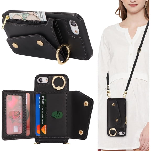 THTGDW-for iPhone 7/8/SE2020/SE2022 Case with Card Holder and Strap - Zipper Pocket,Crossbody Lanyard Strap,Credit Card Holder,Stand Ring,Cute Phone Wallet Case for Women(Black,4.7 Inch)