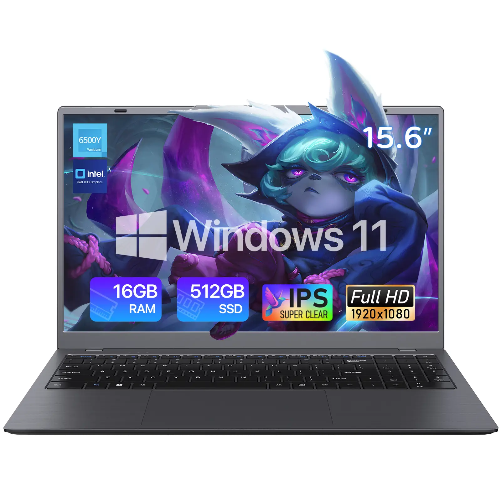THTRO 15.6" IPS FHD Laptop Computer, 512GB SSD 16GB RAM, Intel 6500Y with 2 Cores 4 Thread, Type-C, Windows 11 Laptop for Business, Study, Office, Dark Gray, Lightweight