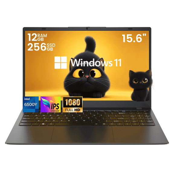 THTRO 15.6" IPS FHD Laptop Computer, 256GB SSD 12GB RAM, Intel 6500Y with 2 Cores 4 Thread, Type-C, Windows 11 Laptop for Business, Study, Office, Dark Gray, Lightweight