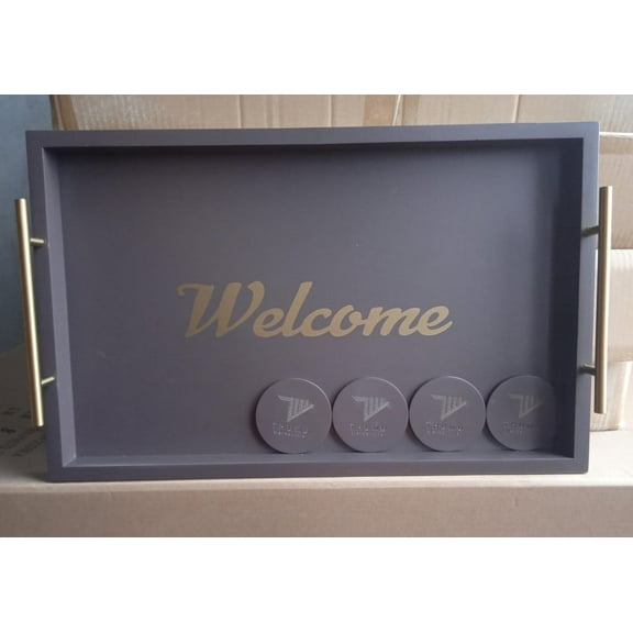 "THUMU" Cherry Color Wooden Rectangular Ottoman Coffee/Tea/Beverage/Food/Snacks Serving Tray( 51.8 Cm X 32.6cm), Gold Metal Handles and 4 Tea Cup Coasters