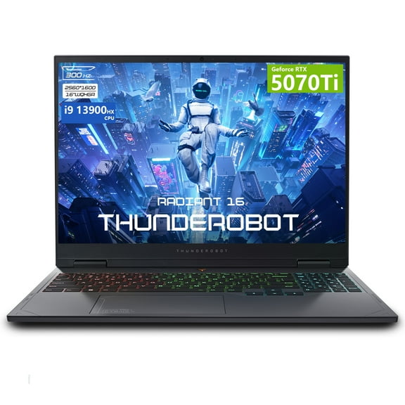 THUNDEROBOT Radiant 16 Gaming Laptop, 16" QHD+ 300Hz, Core i9-13900HX, RTX 5070 Ti, 16GB DDR5, 1TB SSD, Wi-Fi 6, RGB Keyboard, Black