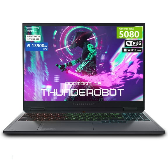 THUNDEROBOT Radiant 16 Gaming Laptop, 16" QHD+ 300Hz, Core i9-13900HX, RTX 5080, 64GB DDR5, 2TB SSD, Wi-Fi 6, RGB Keyboard, Gray