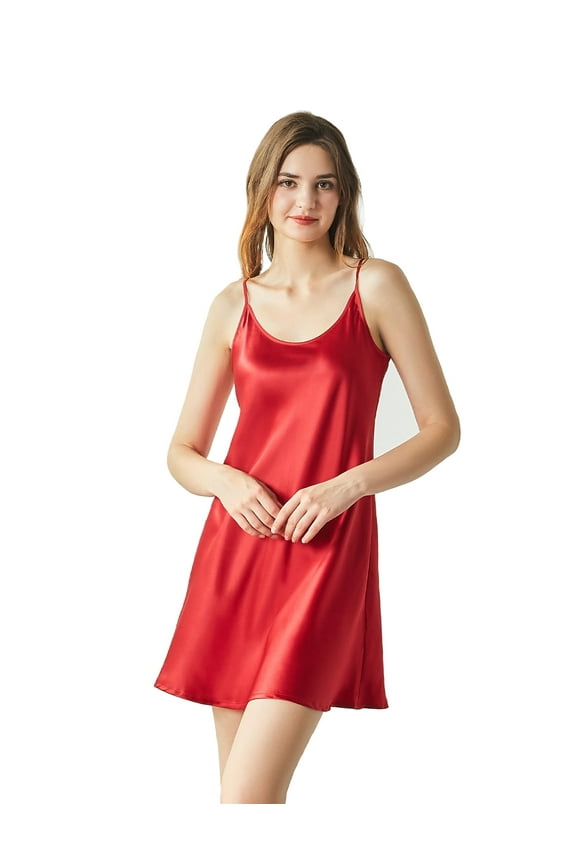 100% Mulberry Silk Nightgown for Women, 22 Momme Silk Sexy Lingerie, Sleeveless Slip Dress, XL, Red