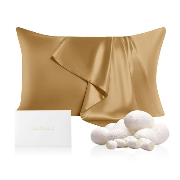 THXSILK 19 Momme Silk Pillowcase, Mulberry Silk Pillow Case with Hidden Zipper, Both Sided 100% Natural Mulberry Silk, Queen Size(20"x30"), Metallic Gold