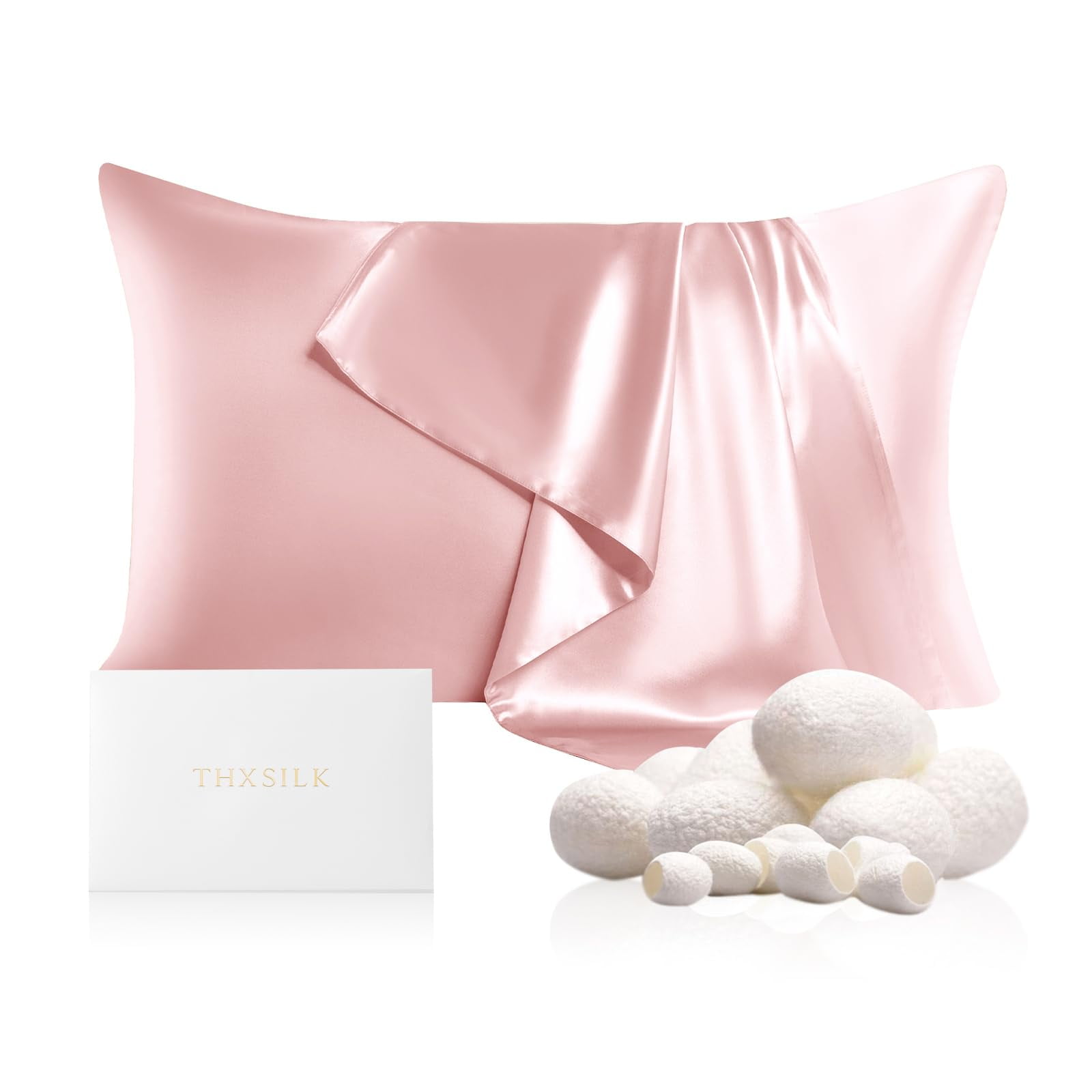 THXSILK 19 Momme Silk Pillowcase, Mulberry Silk Pillow Case with Hidden Zipper, Both Sided 100% Natural Mulberry Silk, Standard Size(20"x26"), Charming Pink