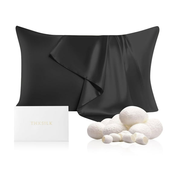 THXSILK 19 Momme Silk Pillowcase, Mulberry Silk Pillow Case with Hidden Zipper, Both Sided 100% Natural Mulberry Silk, King Size(20"x36"), Black