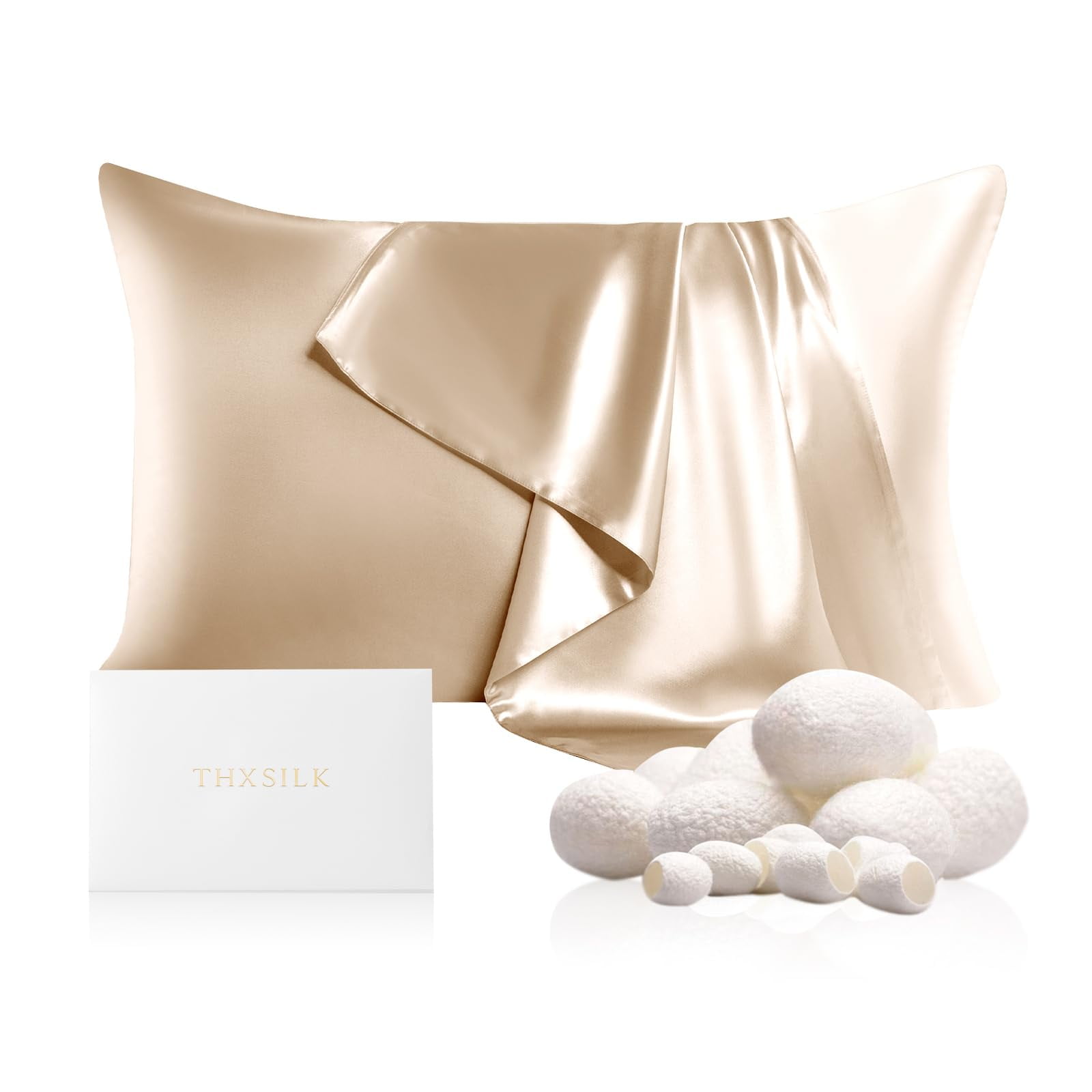 THXSILK 19 Momme Silk Pillowcase, Mulberry Silk Pillow Case with Hidden Zipper, Both Sided 100% Natural Mulberry Silk, King Size(20"x36"), Champagne
