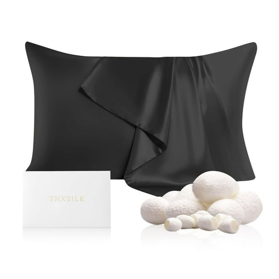 THXSILK 19 Momme Silk Pillowcase, Mulberry Silk Pillow Case with Hidden Zipper, Both Sided 100% Natural Mulberry Silk, Queen Size(20"x30"), Black