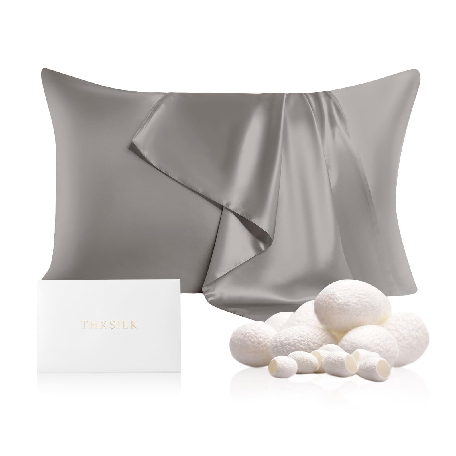 THXSILK 19 Momme Silk Pillowcase, Mulberry Silk Pillow Case with Hidden Zipper, Both Sided 100% Natural Mulberry Silk, Queen Size(20"x30"), Charcoal