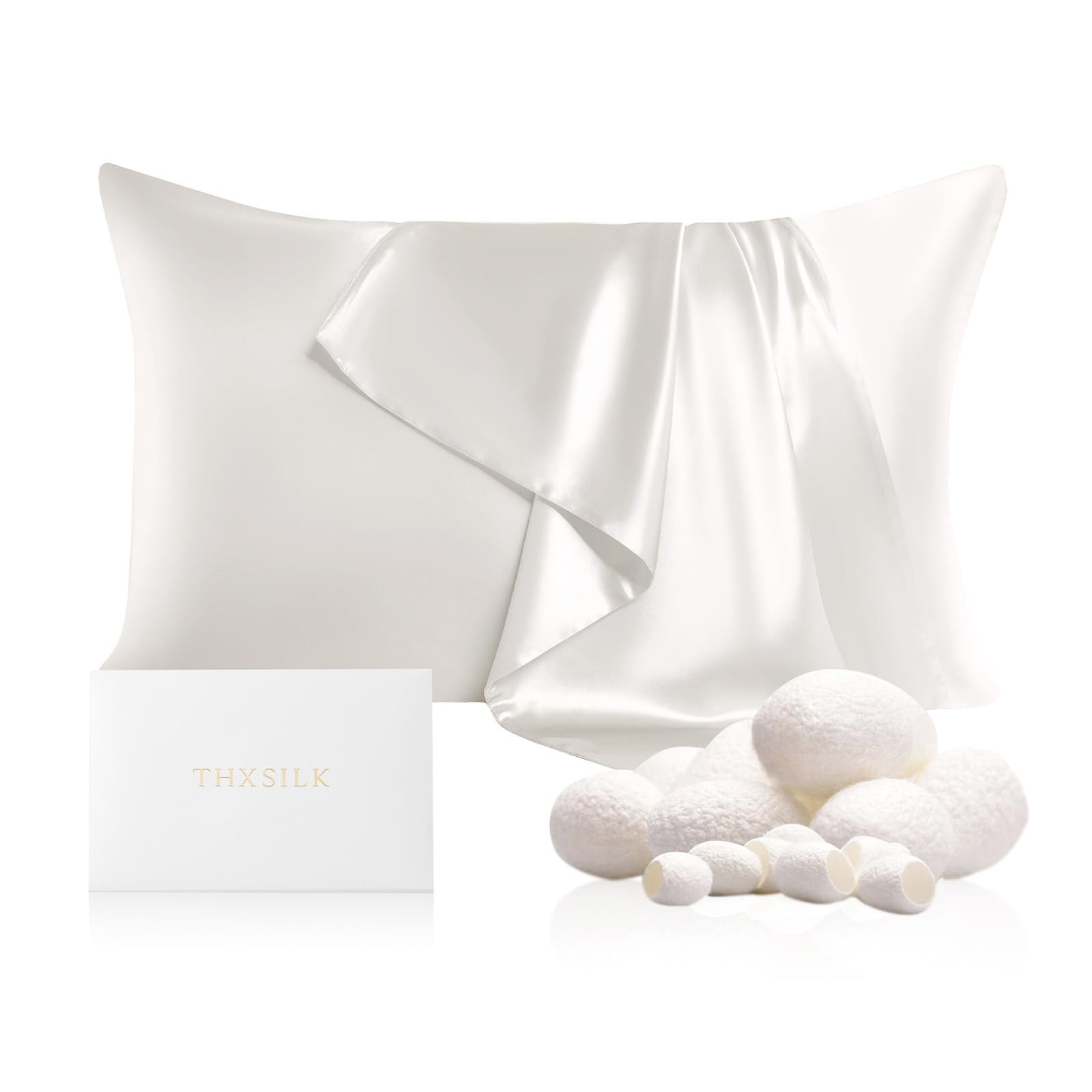 THXSILK 19 Momme Silk Pillowcase, Mulberry Silk Pillow Case with Hidden Zipper, Both Sided 100% Natural Mulberry Silk, Standard Size(20"x26"), White