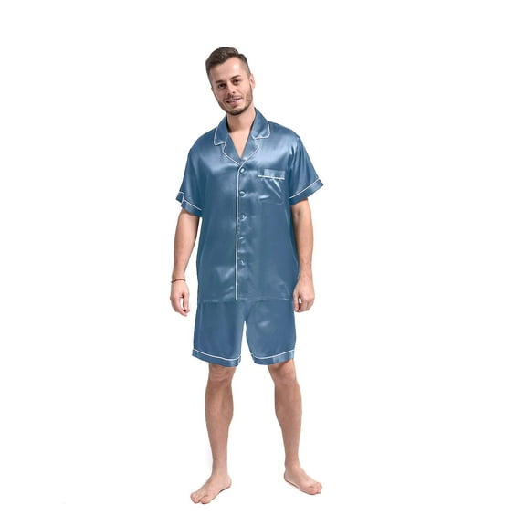 THXSILK 2PC Silk Pajama Set for Men, 19 Momme Short Sleeves Button Contrast Trim V Neck Causal Lounge for Summer, Blue, XXXL