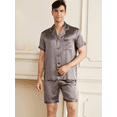 thumbnail image 1 of THXSILK 2PC Silk Pajama Set for Men, 19 Momme Short Sleeves Button Contrast Trim V Neck Causal Lounge for Summer, Gray, L, 1 of 6