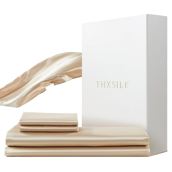 THXSILK 3 Pcs Bed Sheets Set, Mulberry Silk Bedding Set, 1 Flat Sheet, 1 Fitted Sheet, 1 Hidden Zipper Pillowcase, Luxury Silk Sheets Set, Soft & Breathable, Twin