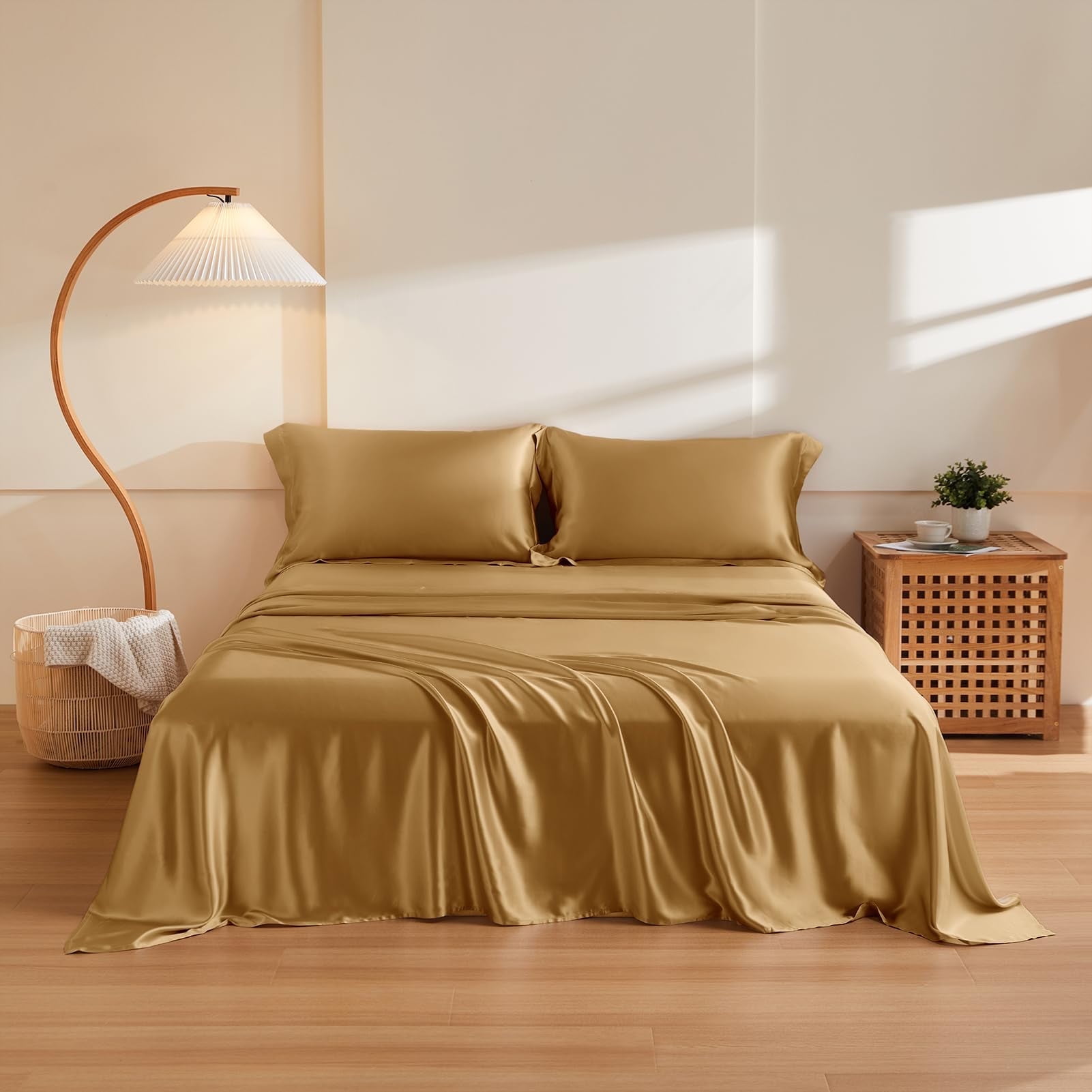 Silk comfortercase ベージュ 190cm×210cm THXSILK 4 Pcs Silk Sheet Set, Luxury Bedding Sets, 1 Fitted Sheet