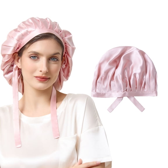 THXSILK Silk Bonnet for Sleeping, 100% Mulberry Silk Hair Bonnet with Tie Band, Silk Scarf for Hair Care, Stay On Head All Night (Pink, 12.59in/32cm)